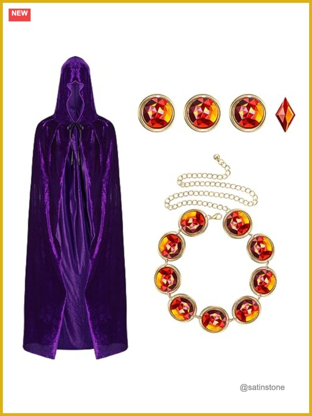 Velvet Hooded Cloak & Rhinestone Belt Chain Set Halloween Cosplay Costume